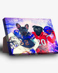 Personalized 'Buffalo Doggos' standing canvas featuring two pets as football players in blue and red jerseys.