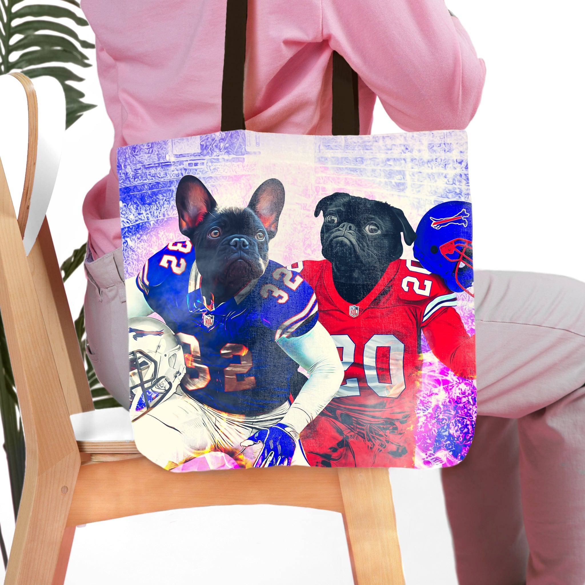 Personalized tote bag with two French Bulldog pet portraits in Buffalo Bills football uniforms.