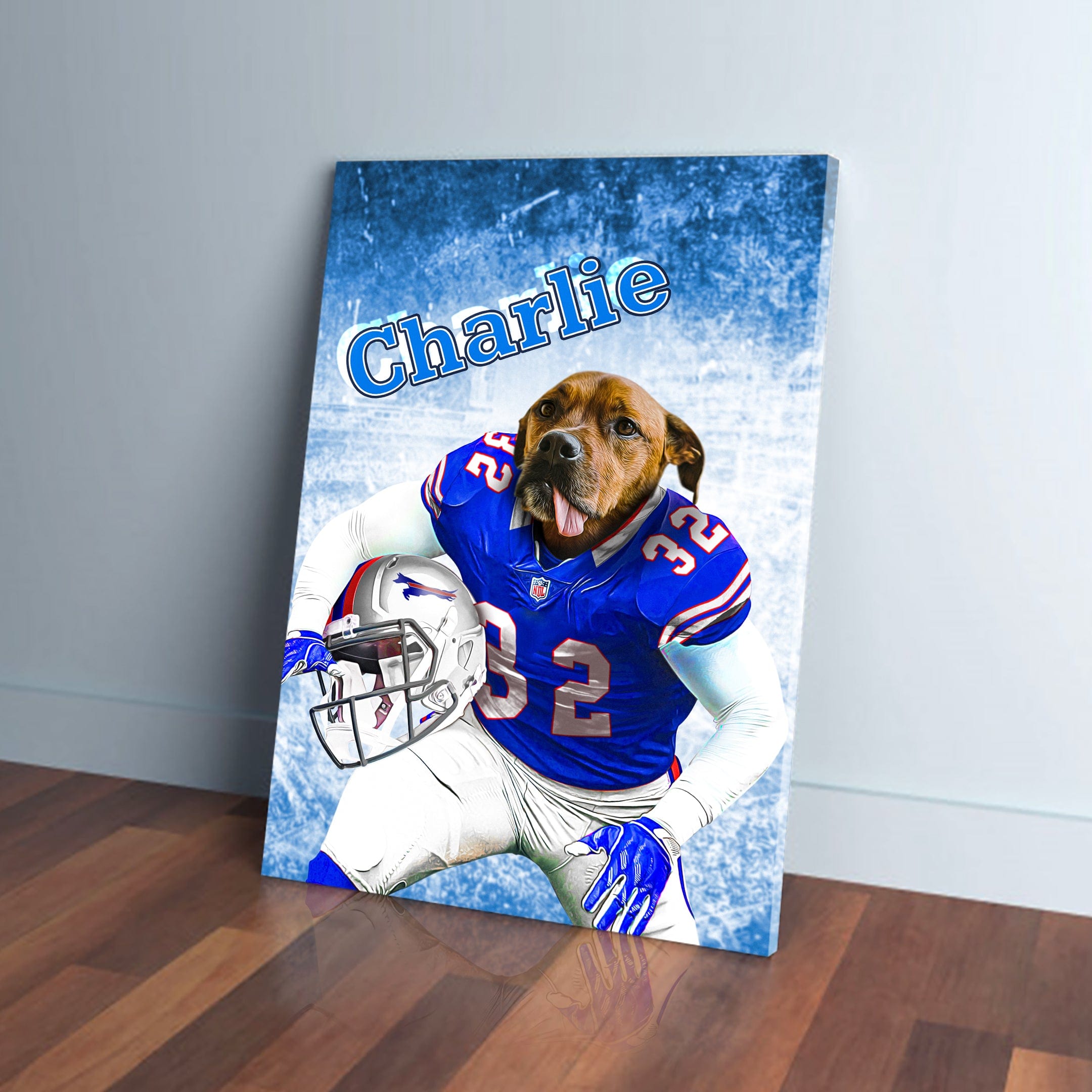 Personalized pet canvas featuring a dog in a blue football uniform, holding a helmet, with "Charlie" on top.