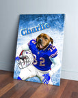 Personalized pet canvas featuring a dog in a blue football uniform, holding a helmet, with "Charlie" on top.