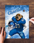 Personalized pet puzzle featuring a dog in a blue football uniform, named "Charlie.