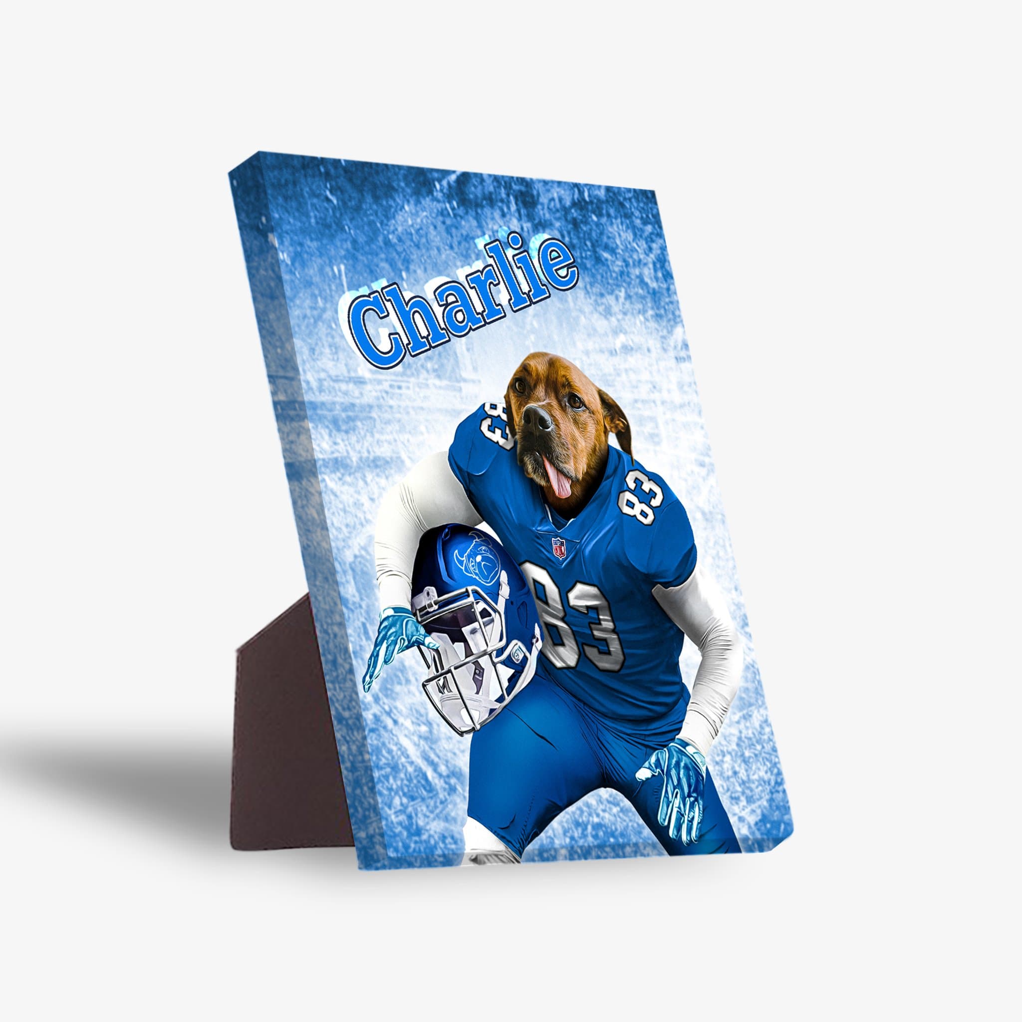 Personalized pet standing canvas featuring a dog in a blue football uniform with "Charlie" and a helmet.