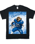 Black Gildan t-shirt with a personalized design of a dog in a blue football uniform, holding a helmet.
