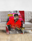 Custom pet blanket with a bulldog in a red hockey uniform, personalized Doggovinci portrait style.