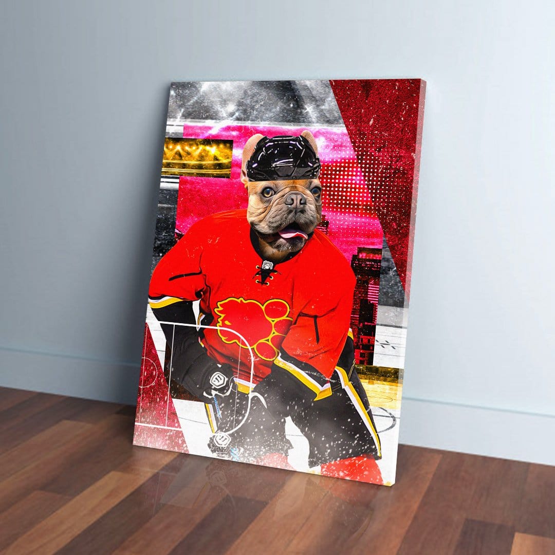 Personalized pet canvas featuring a French Bulldog in a red Calgary Flames hockey uniform.