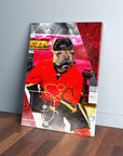 Personalized pet canvas featuring a French Bulldog in a red Calgary Flames hockey uniform.