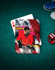 Custom personalized playing card featuring a French Bulldog pet portrait in a red hockey uniform.