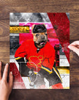 Personalized Calgary Doggos Hockey puzzle featuring a French bulldog in a red jersey, being assembled.