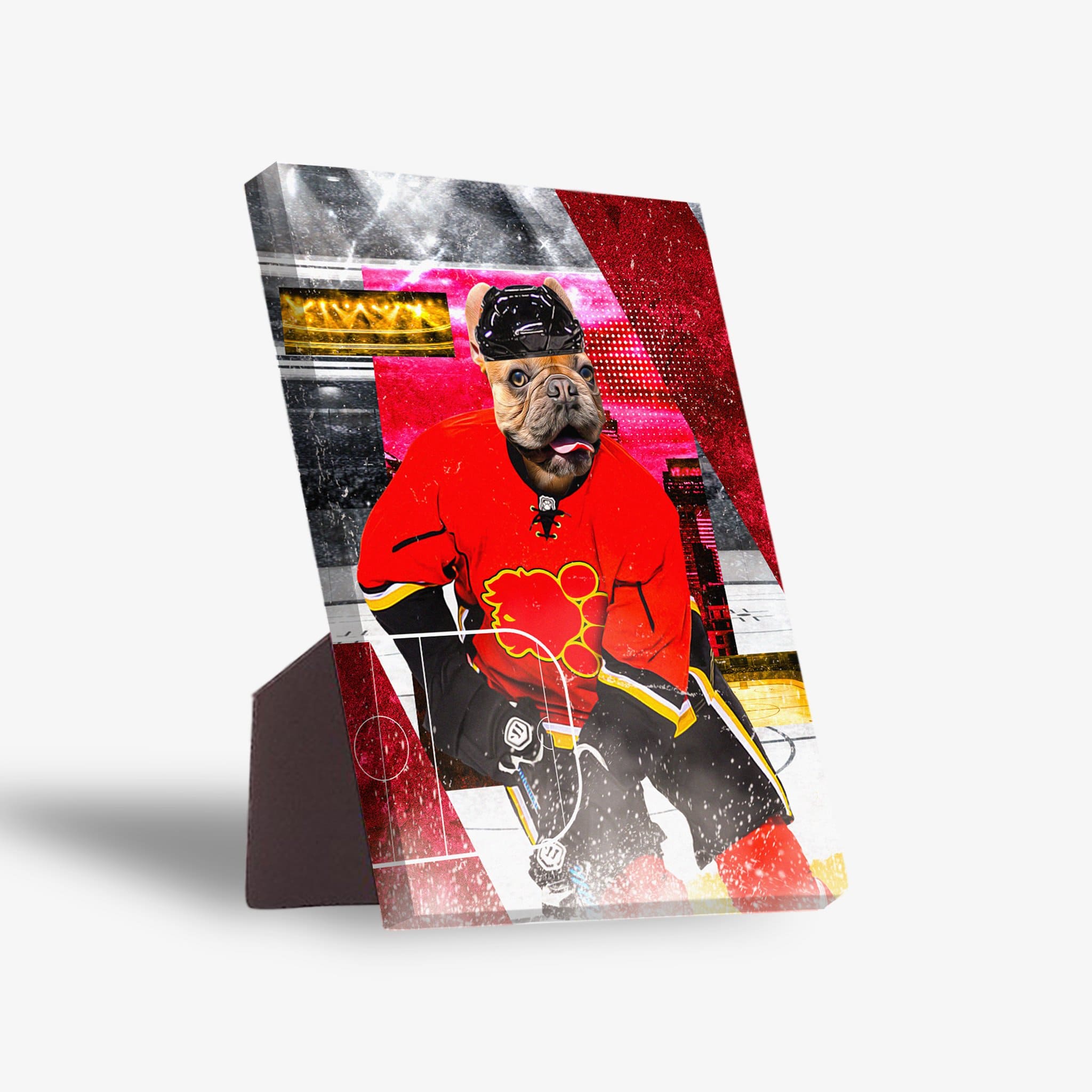 Personalized pet standing canvas featuring a bulldog in a red Calgary Doggos hockey uniform with a black helmet.