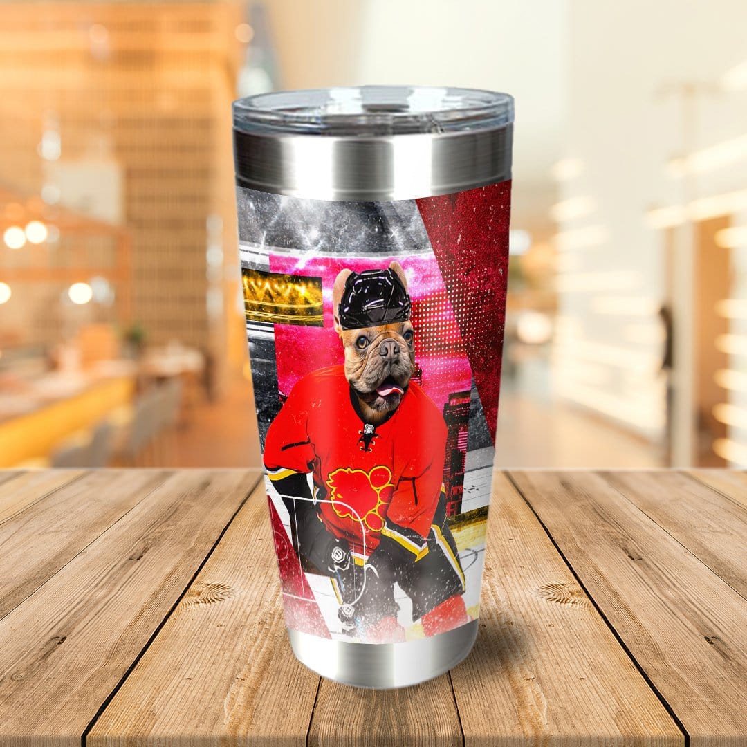 Personalized stainless steel tumbler with a custom bulldog pet portrait in a hockey uniform.