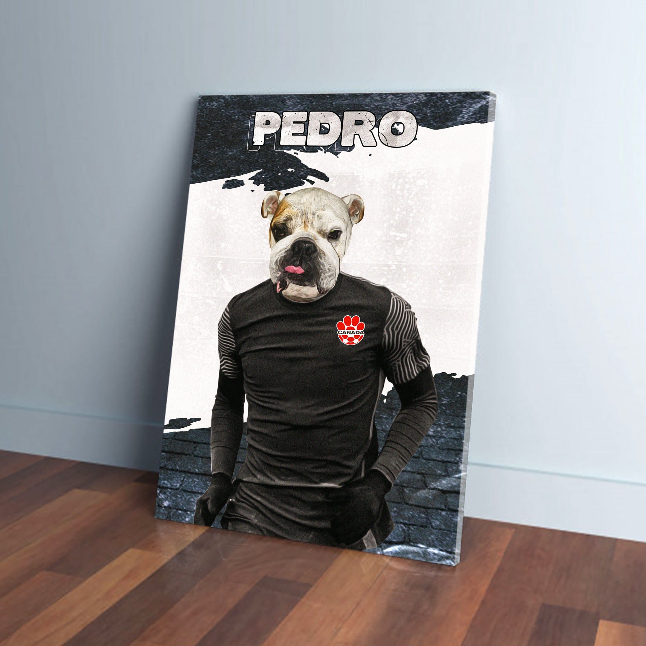 Personalized pet canvas featuring a bulldog in a black Canada soccer uniform, named "PEDRO.