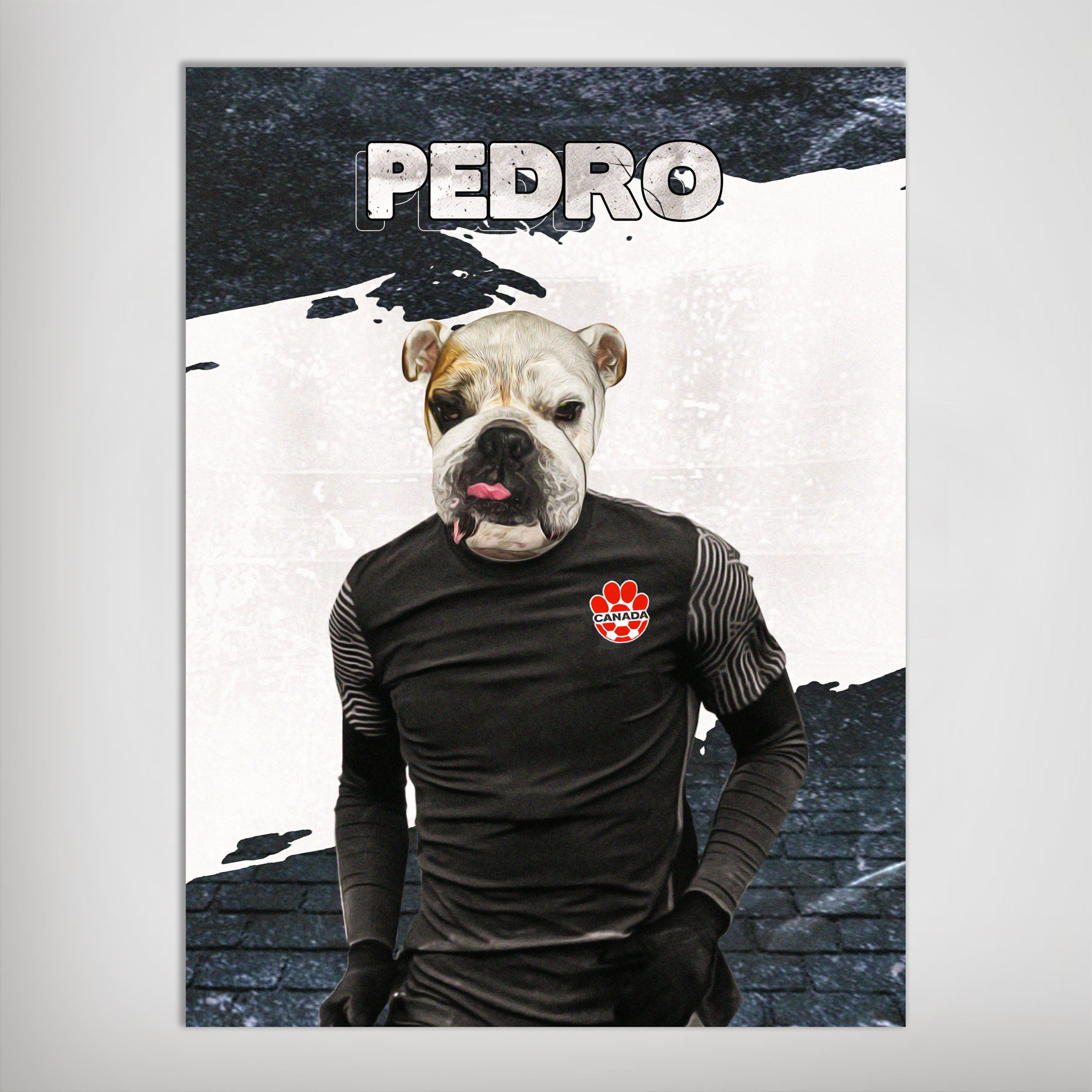Personalized Canada Doggos Soccer poster featuring a bulldog in a black jersey with "PEDRO" above.