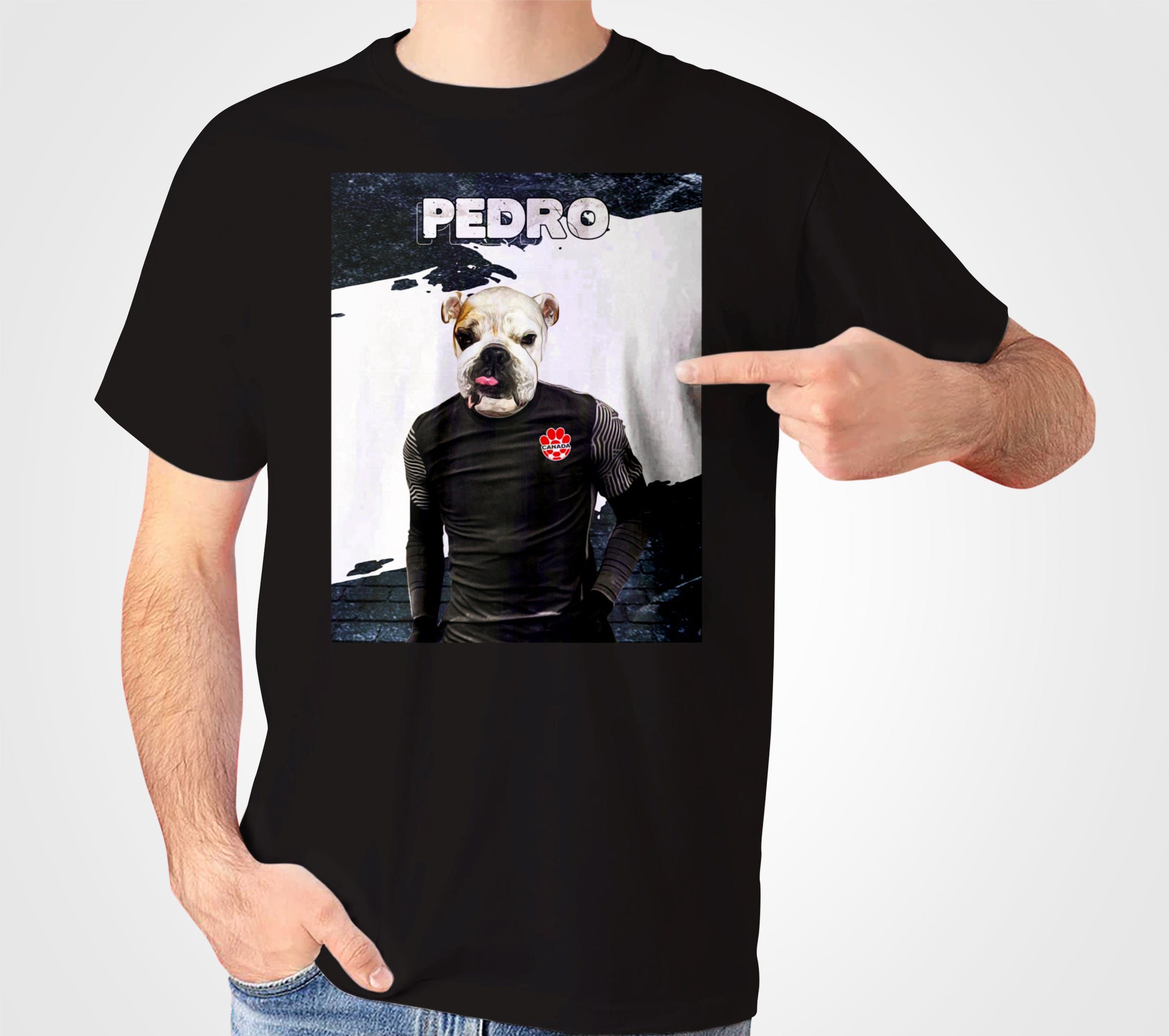 Black Gildan t-shirt with a personalized bulldog "Pedro" soccer player design.
