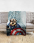 Personalized pet blanket featuring a dog in a Captain America-style portrait with shield.