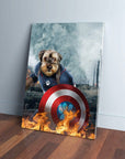 Personalized pet canvas featuring a dog as Captain America with a paw print shield, surrounded by fire.