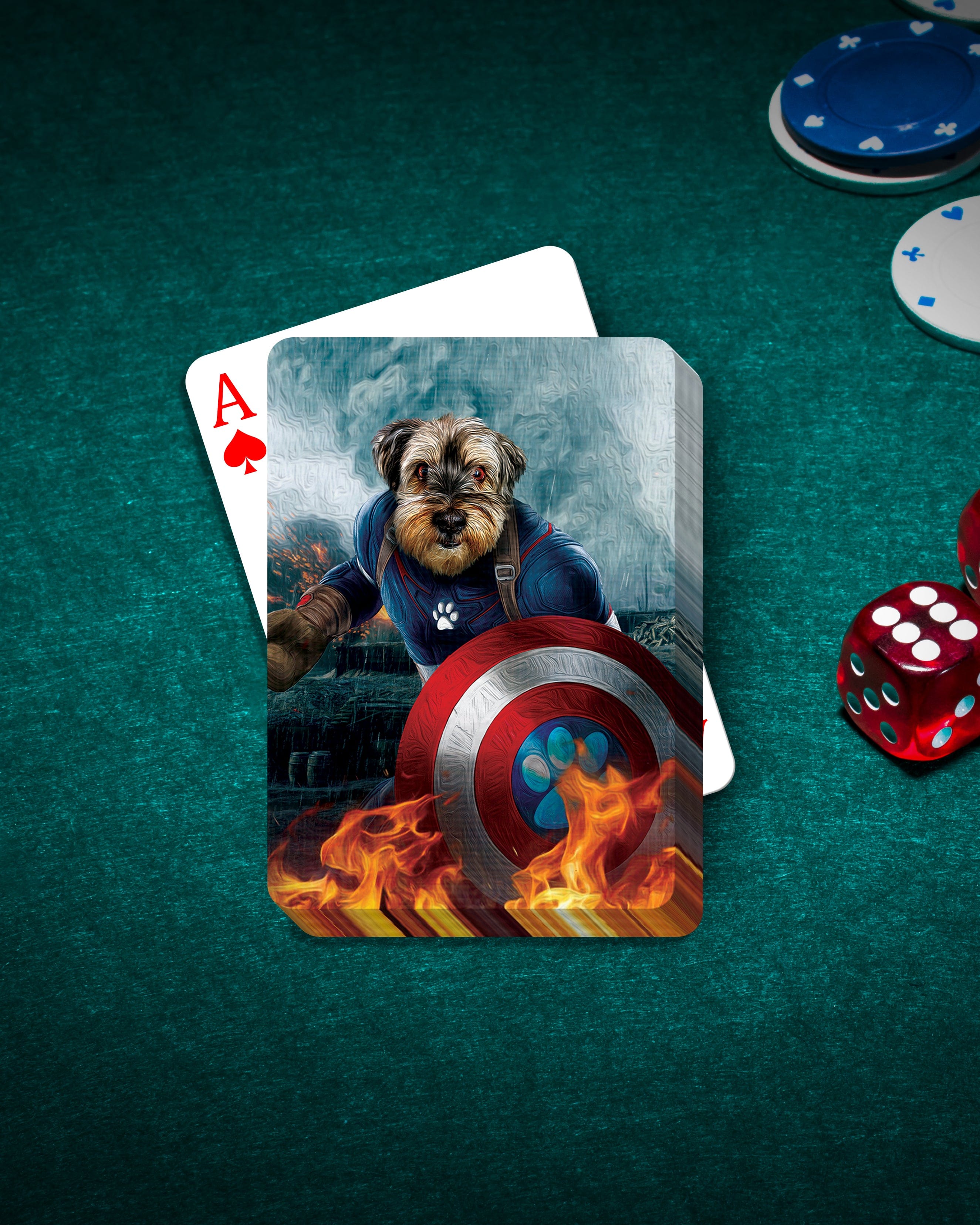 Custom "Captain Doggmerica" personalized playing cards featuring a dog portrait on a green poker table.