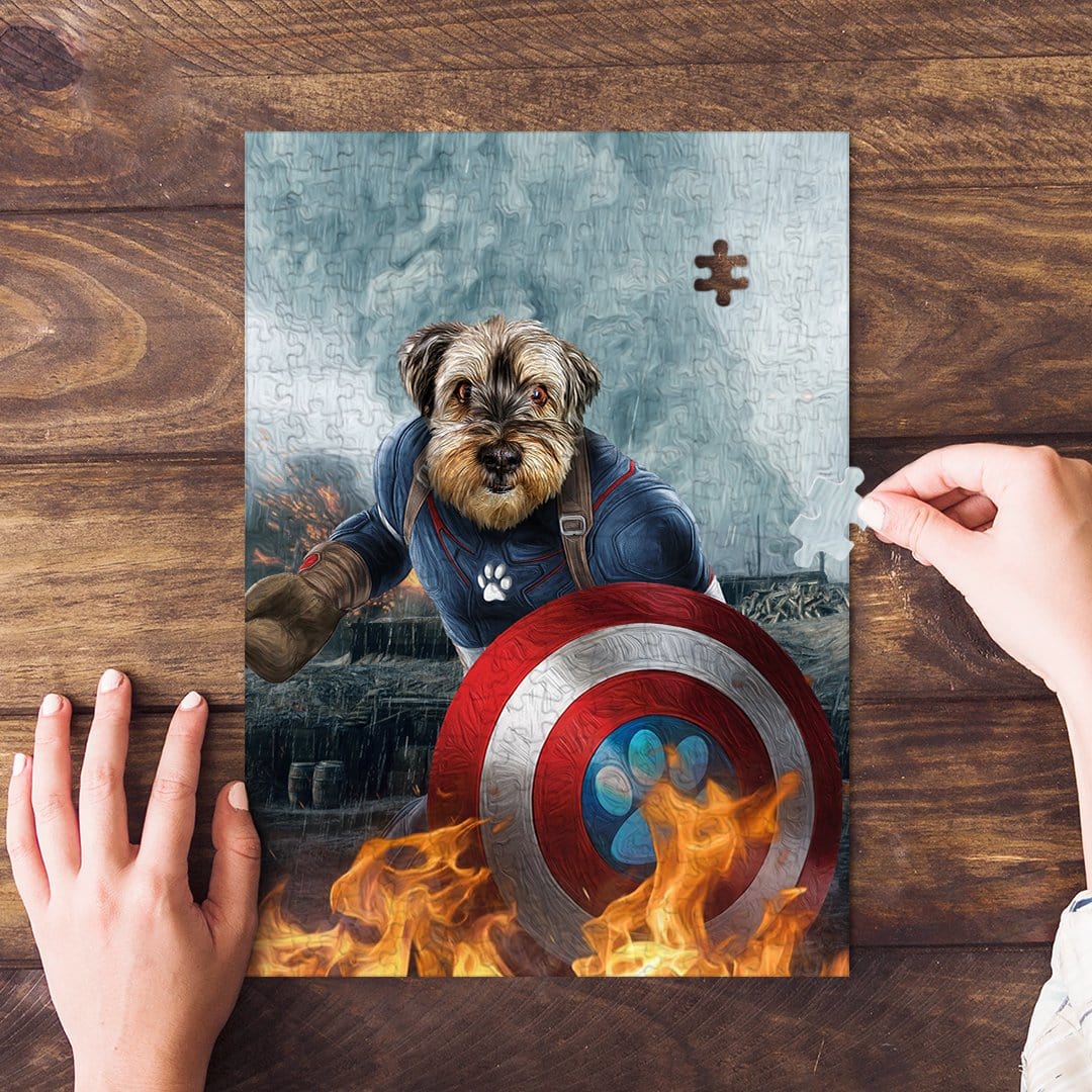 Personalized 'Captain Doggmerica' pet puzzle featuring a dog in a superhero suit with a shield.