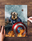Personalized 'Captain Doggmerica' pet puzzle featuring a dog in a superhero suit with a shield.