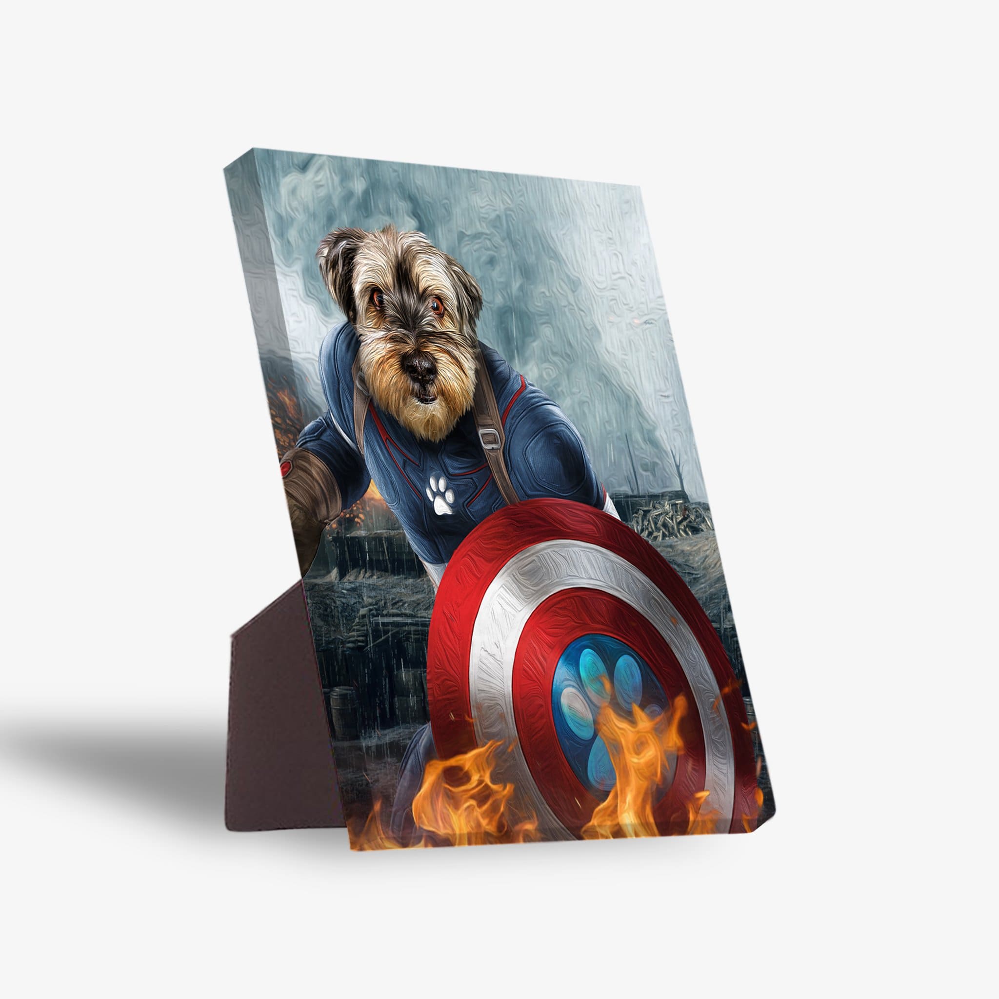 Personalized Captain Doggmerica pet portrait standing canvas featuring a dog in a superhero suit with a shield.