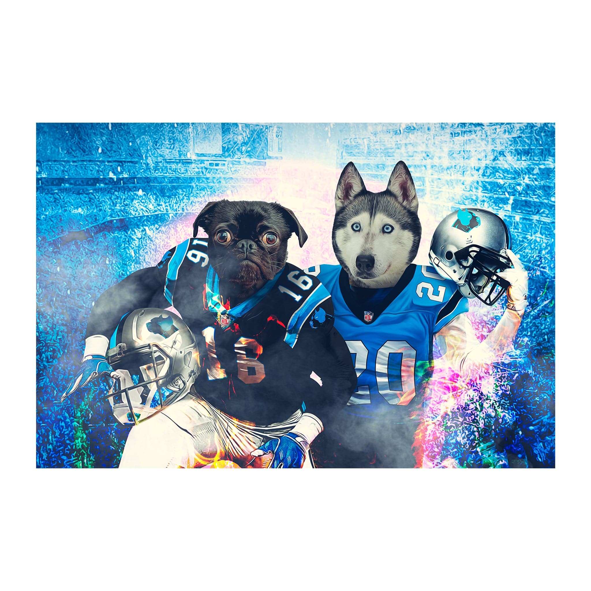 Custom digital portrait of a pug and husky as football players in blue jerseys, holding helmets.