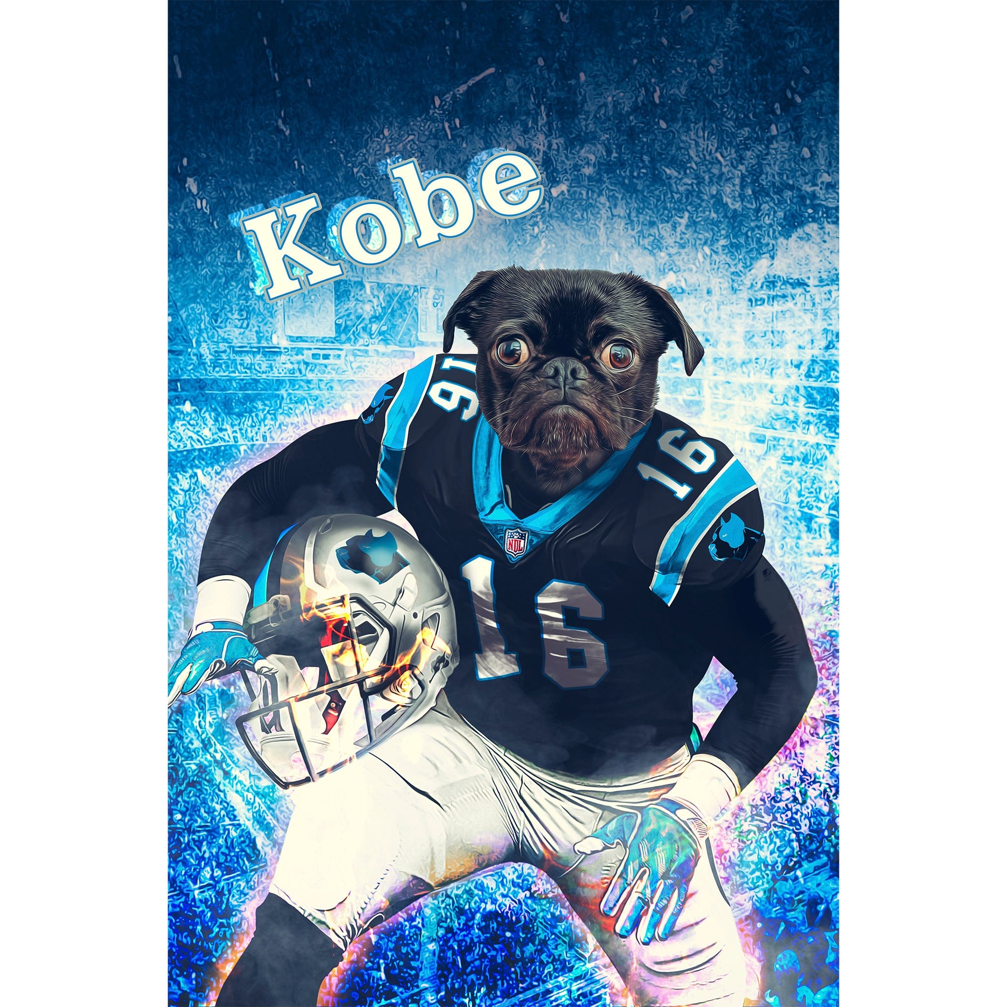 Custom digital portrait of a black pug in a Carolina Panthers football uniform, holding a helmet.