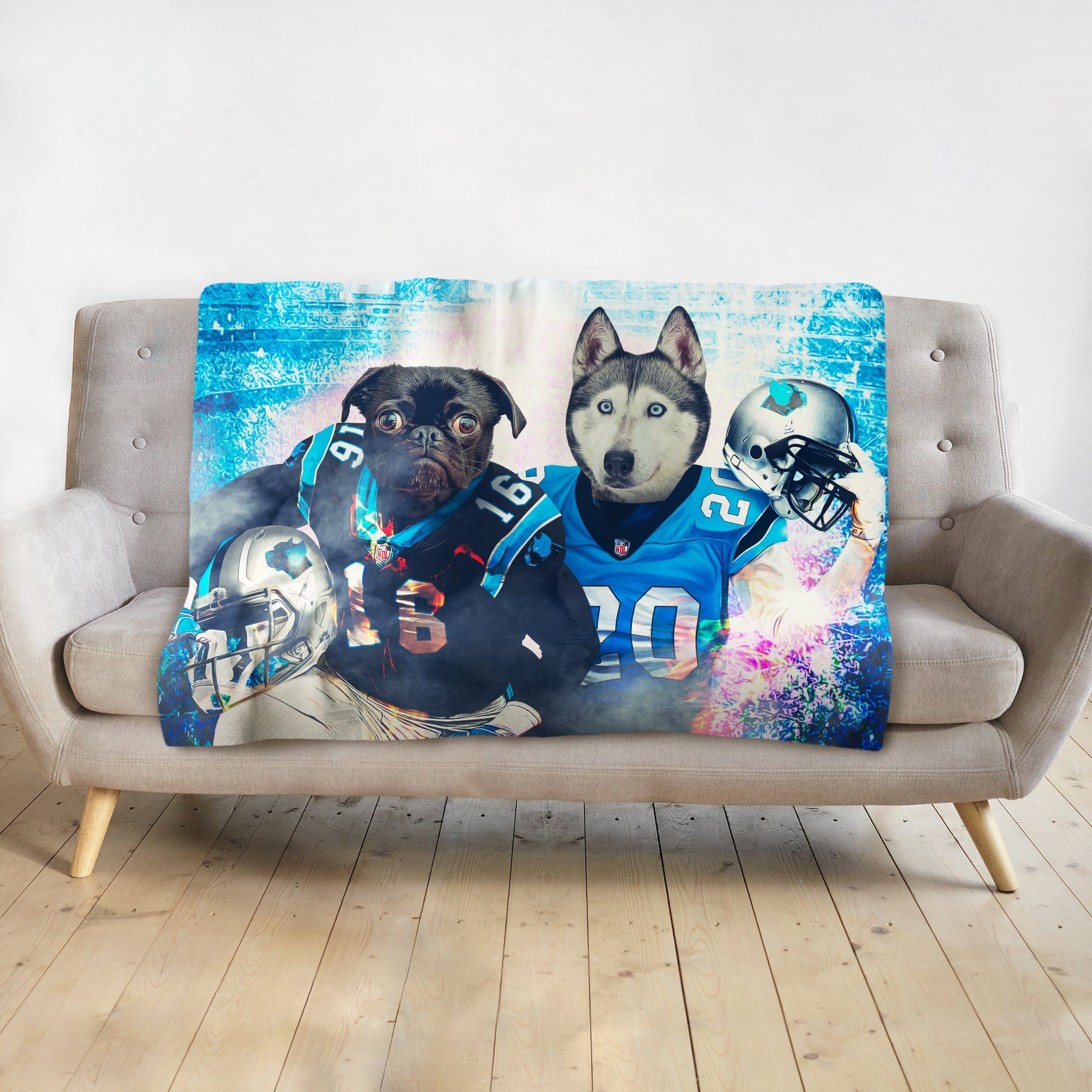 Personalized blanket with a pug and husky in Carolina Panthers football uniforms.