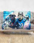 Personalized blanket with a pug and husky in Carolina Panthers football uniforms.