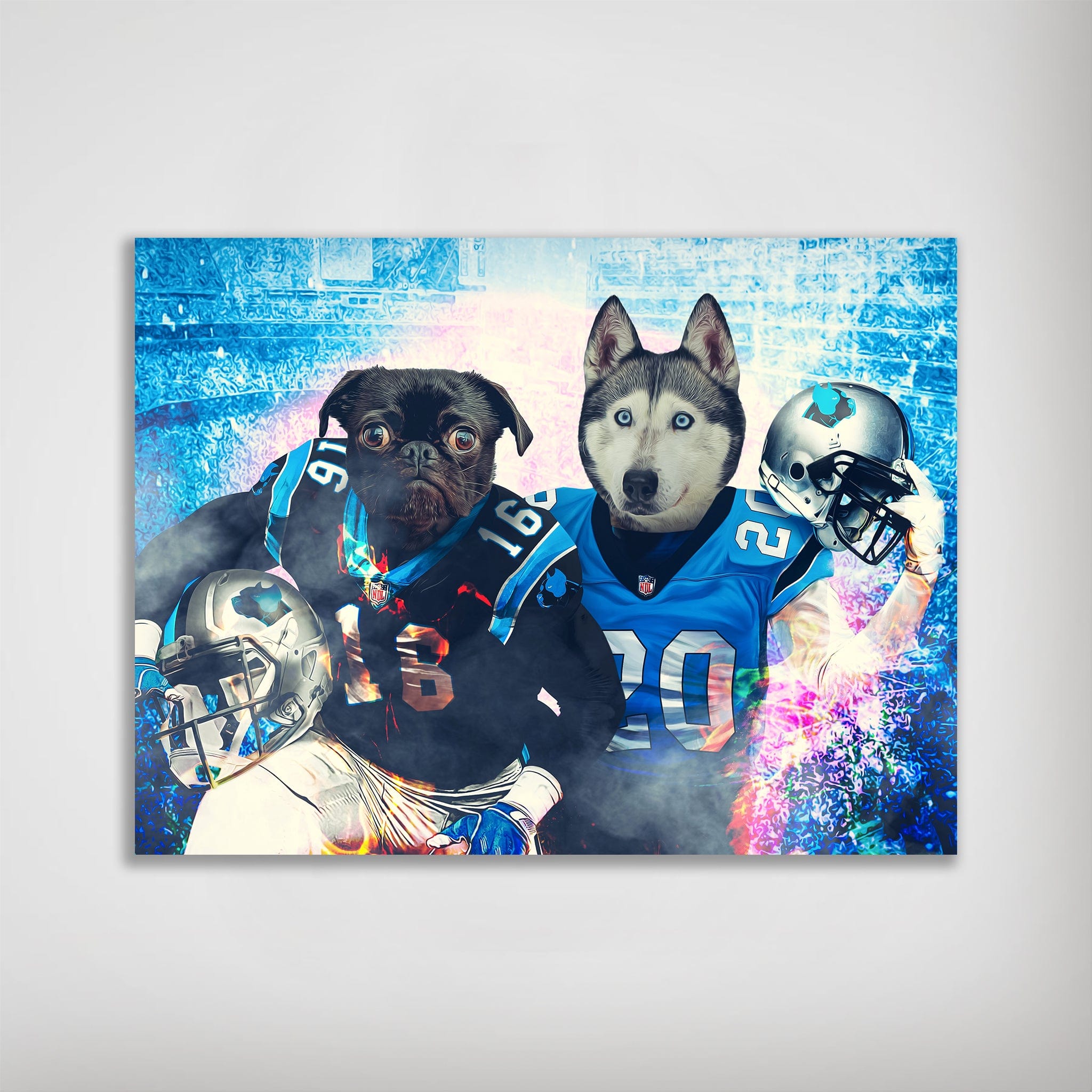 Personalized Carolina Doggos poster featuring two pets as football players in blue jerseys.