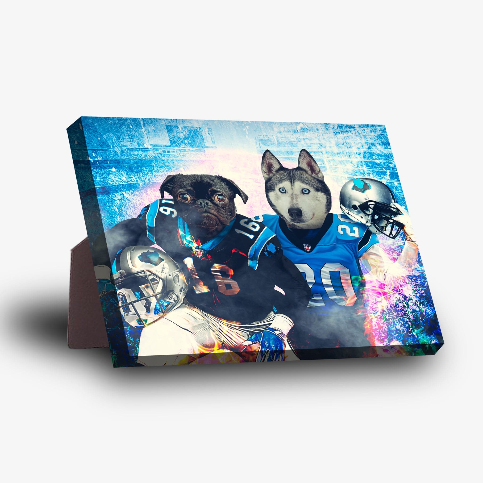 Personalized Carolina Doggos standing canvas featuring a pug and husky in football jerseys.