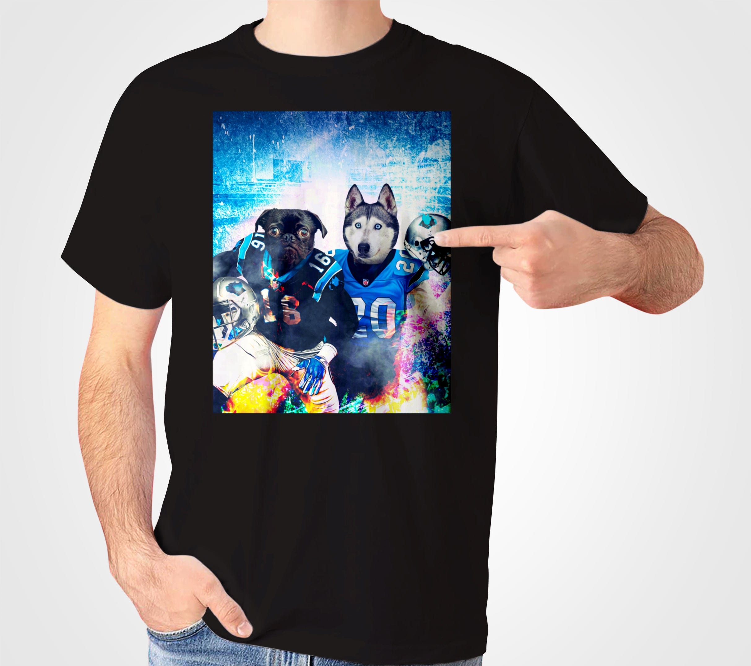 Black Gildan t-shirt with a personalized graphic of a pug and husky in Carolina Panthers football uniforms.