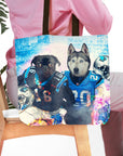 Personalized Carolina Doggos tote bag with custom pug and husky pet portraits in football jerseys.