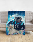 Personalized pet blanket with a pug in a Carolina Panthers football uniform, named Kobe.