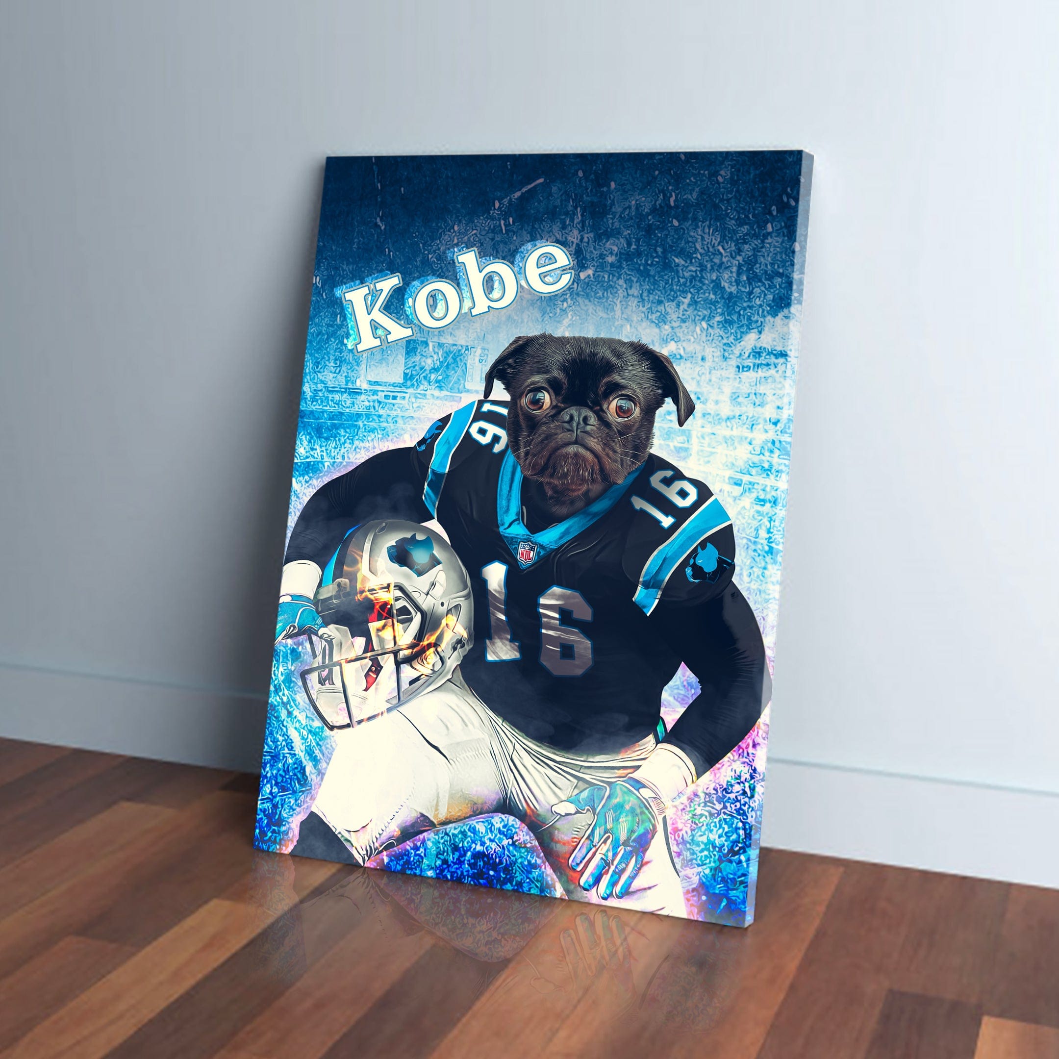 Personalized pet canvas featuring a black pug in a Carolina Panthers football uniform, named "Kobe".
