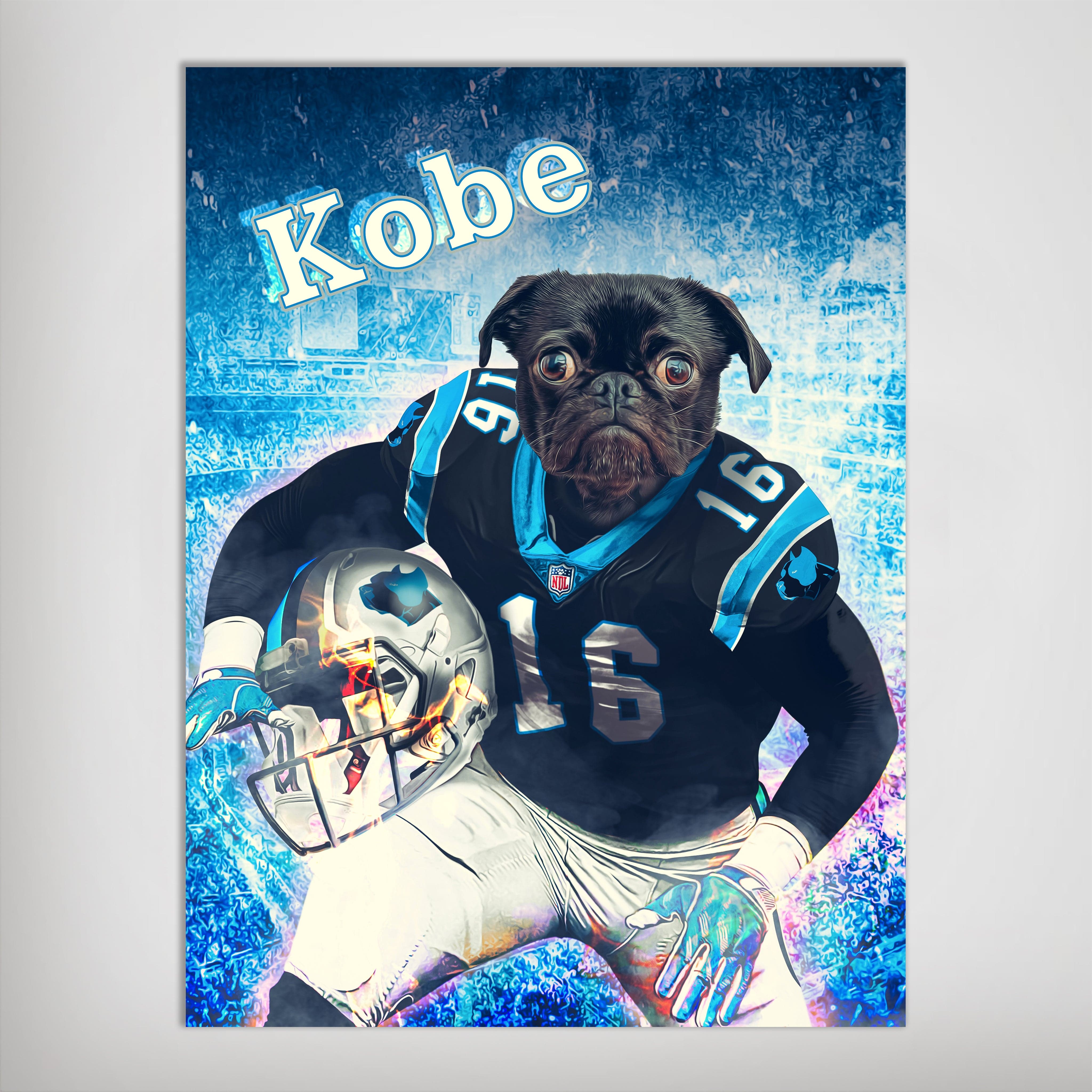 Personalized matte poster featuring a black pug in a Carolina Panthers football uniform, holding a helmet, with "Kobe" text.