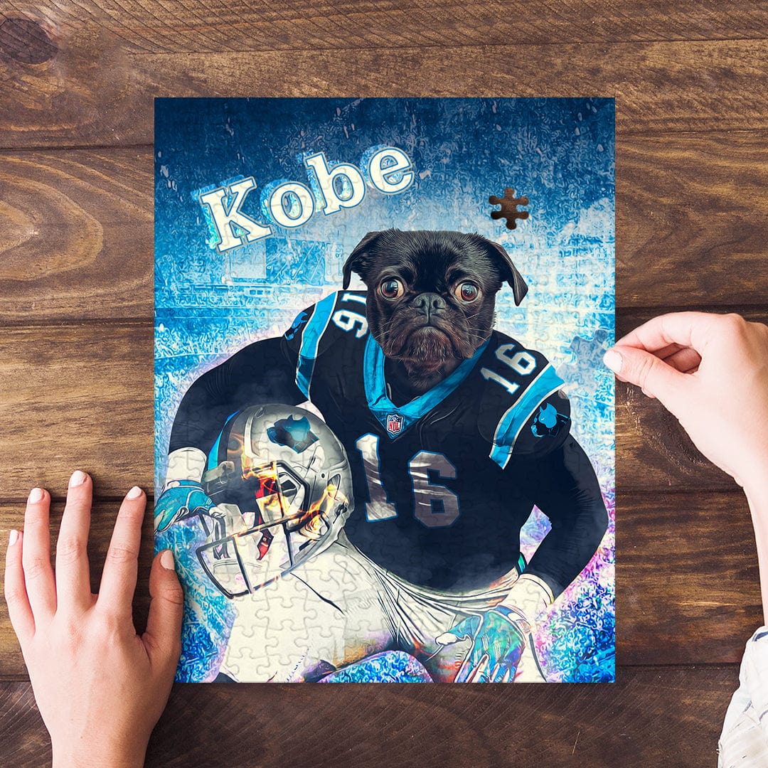 Personalized pet puzzle featuring a black pug in a Carolina Panthers football uniform.