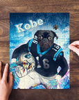 Personalized pet puzzle featuring a black pug in a Carolina Panthers football uniform.