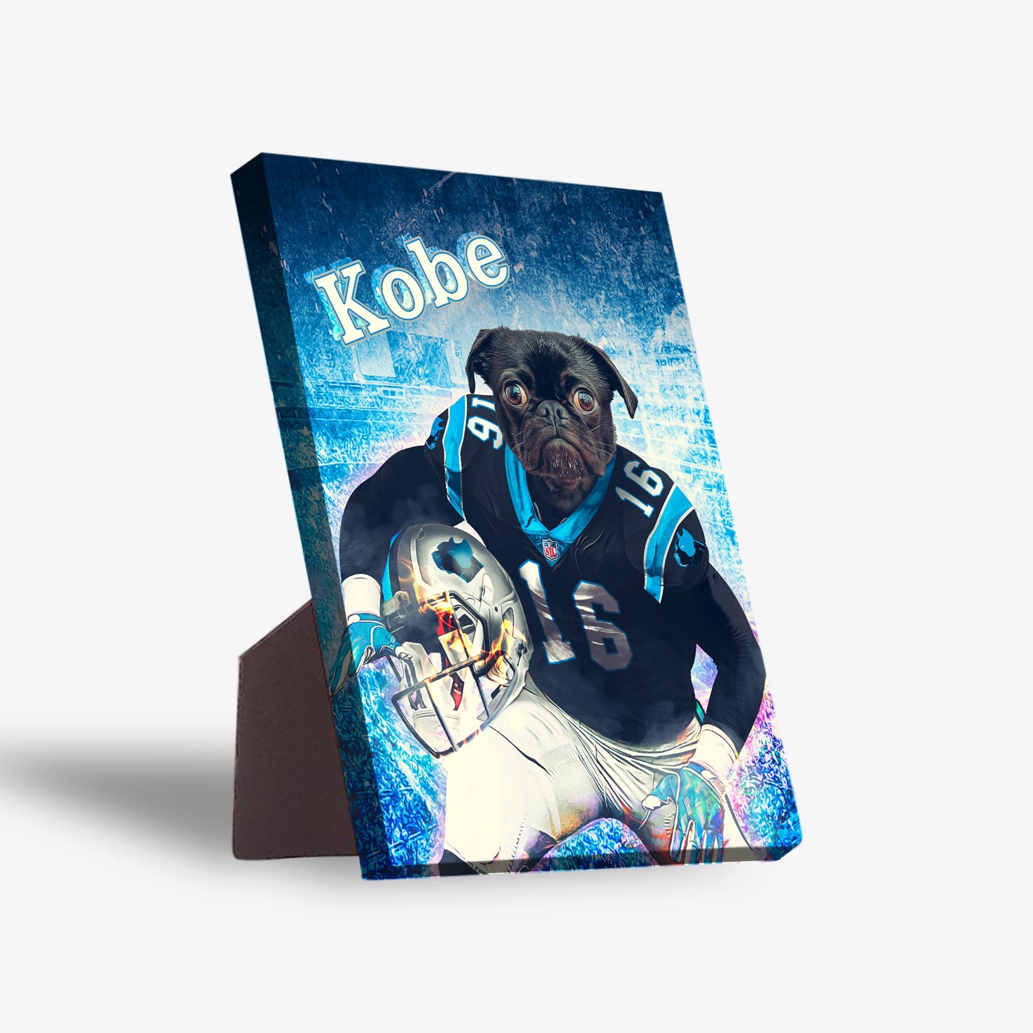 Personalized standing canvas featuring a black pug in a Carolina Panthers football uniform, holding a helmet.