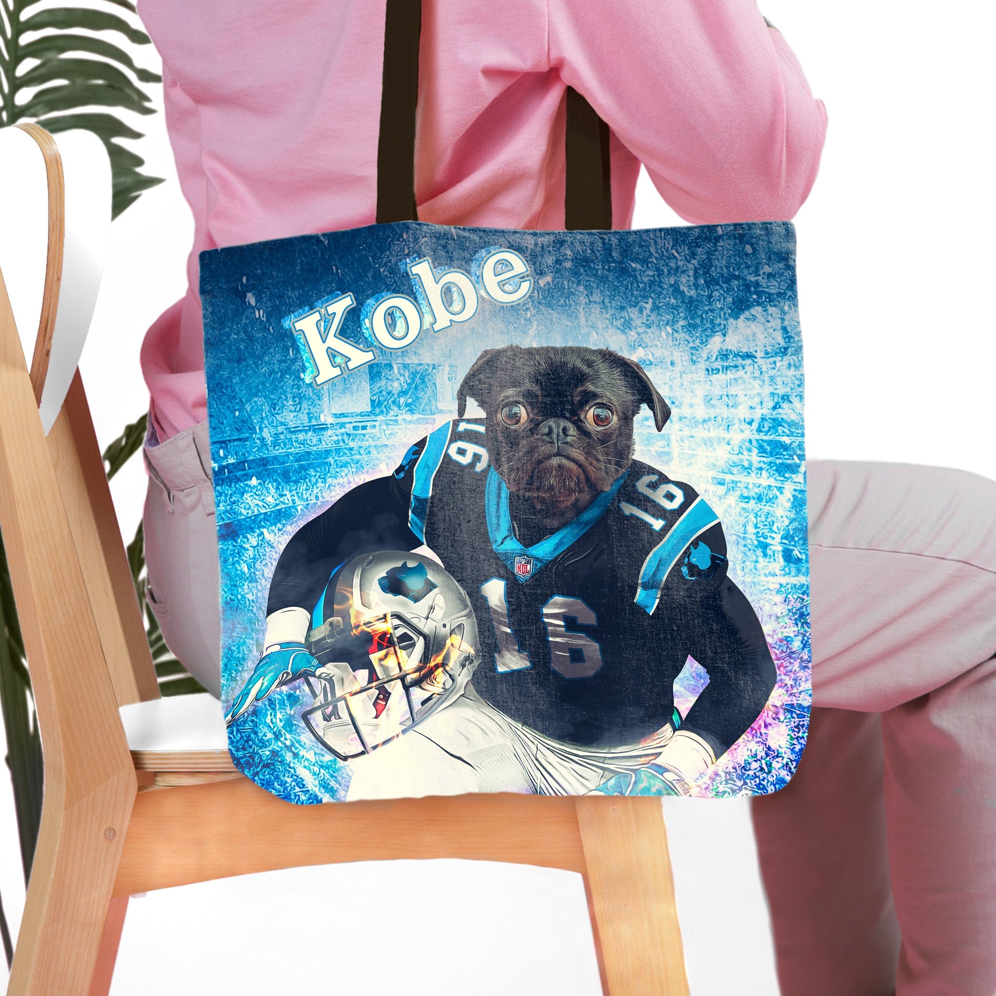 Personalized tote bag with a pug pet portrait in a blue football uniform, named Kobe.
