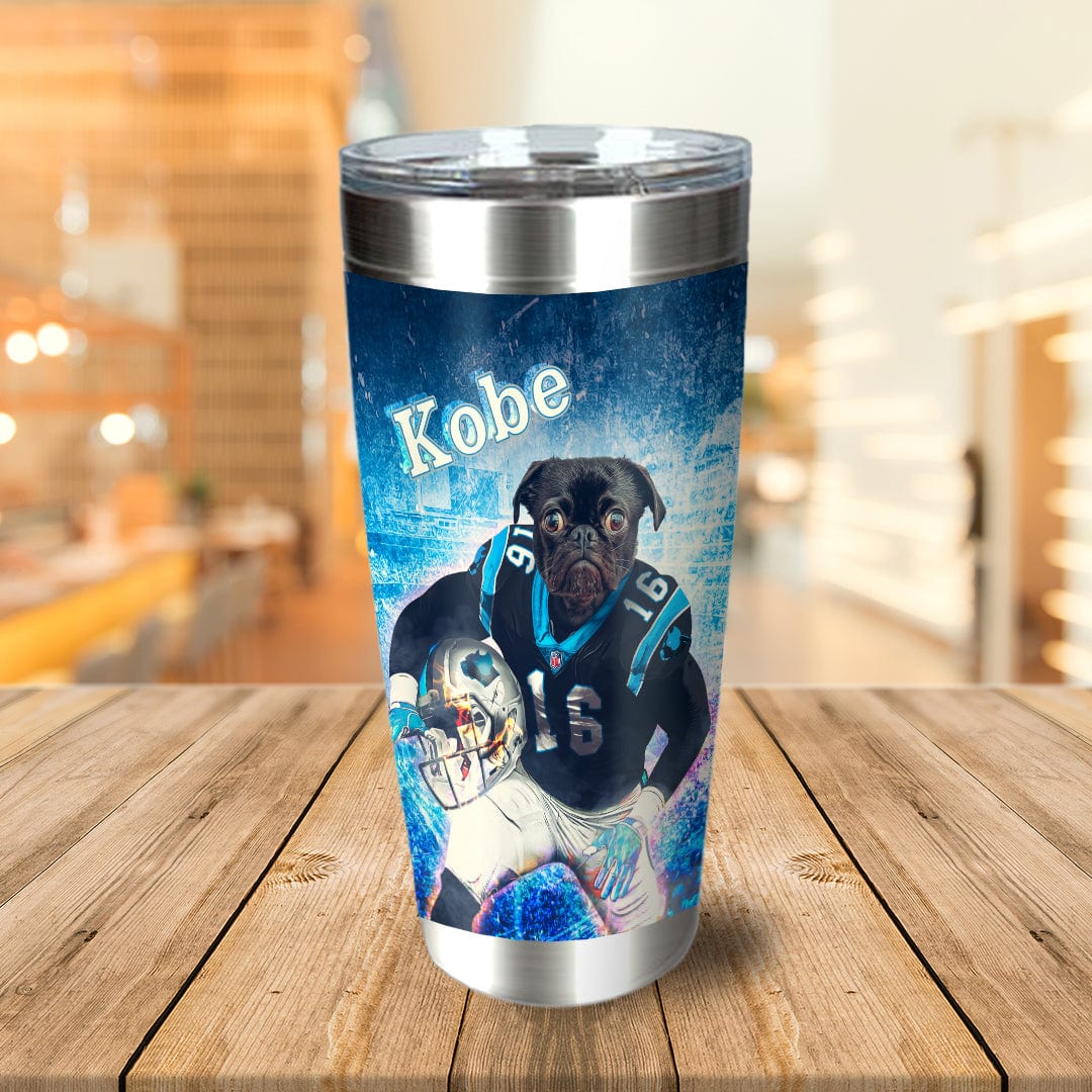 Personalized stainless steel tumbler with a pug pet portrait in a Carolina Panthers football uniform.