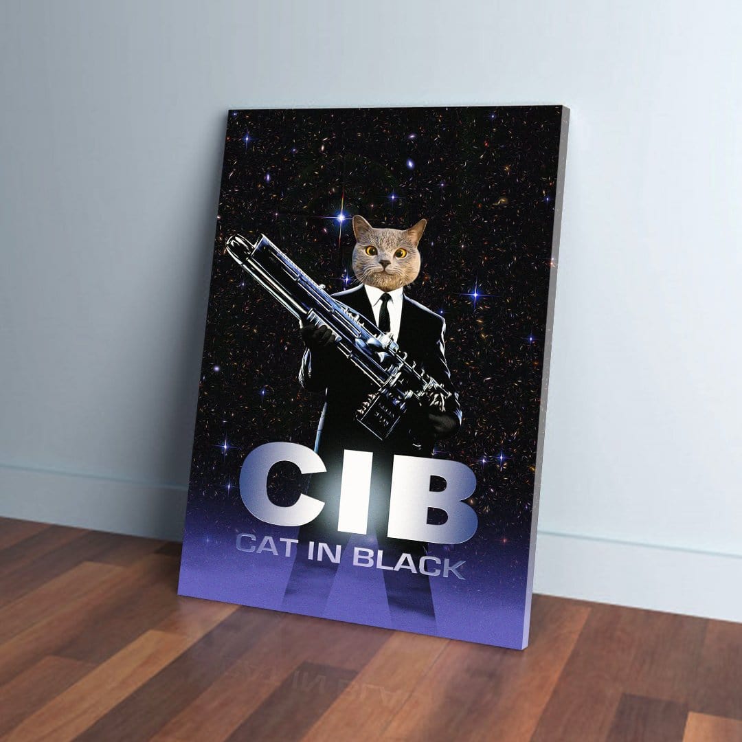 Personalized 'Cat in Black' canvas featuring a pet's head on a suit-wearing body holding a large gun, against a starry background.