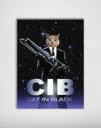 Personalized "Cat in Black" poster featuring a cat in a black suit holding a large gun against a starry background.