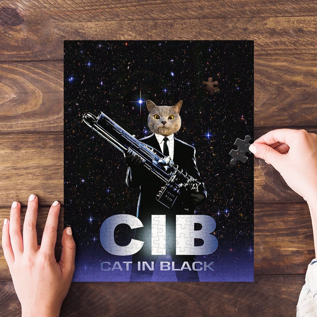 Personalized pet puzzle: cat in black suit holding a gun, against a starry background.