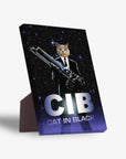 Personalized pet standing canvas featuring a cat in a black suit holding a futuristic gun against a starry background.