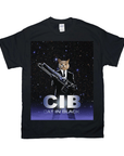 Black Gildan unisex t-shirt with a personalized "Cat in Black" design featuring a cat in a suit holding a weapon.