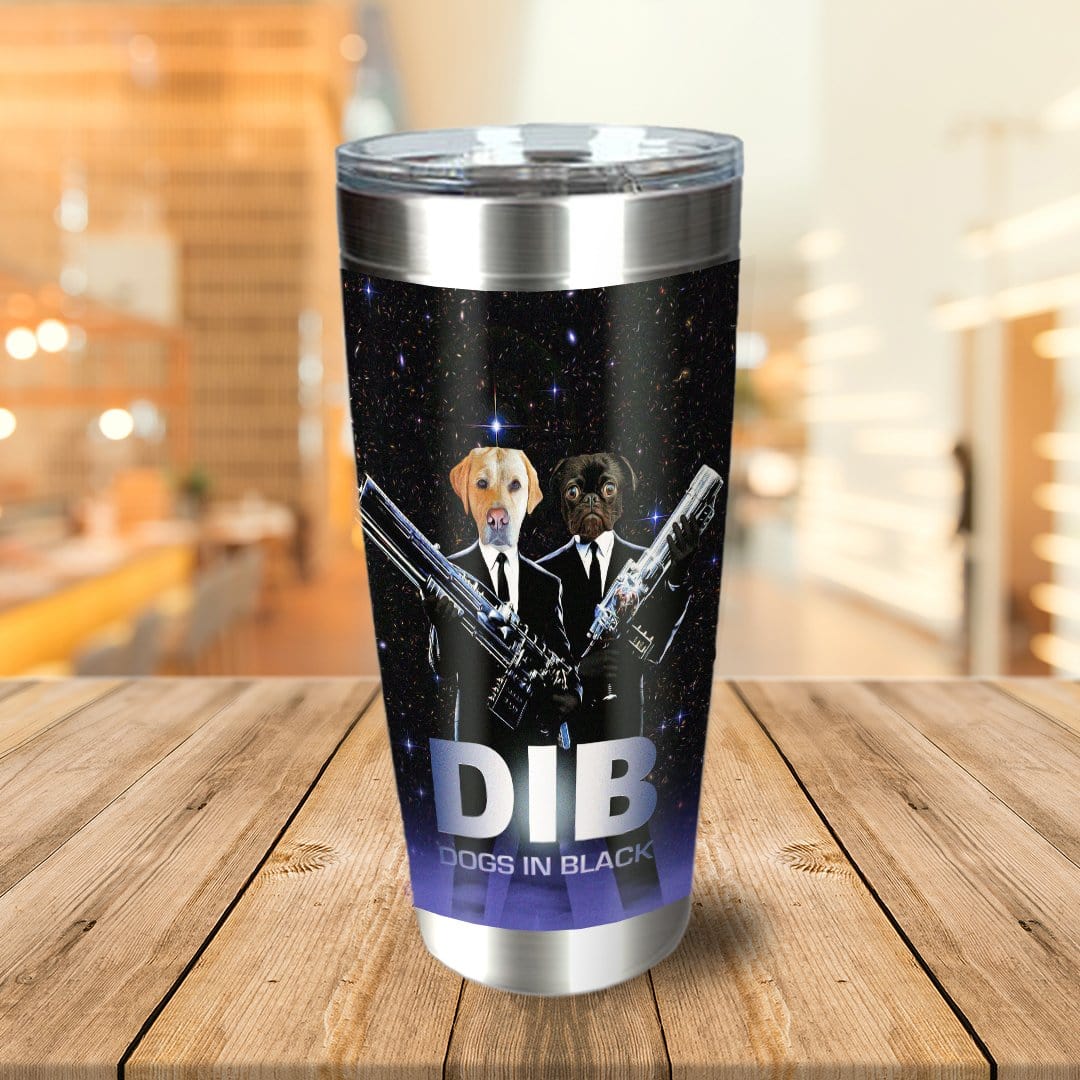 Personalized stainless steel tumbler with two dogs dressed in black suits, holding guns, against a starry background.