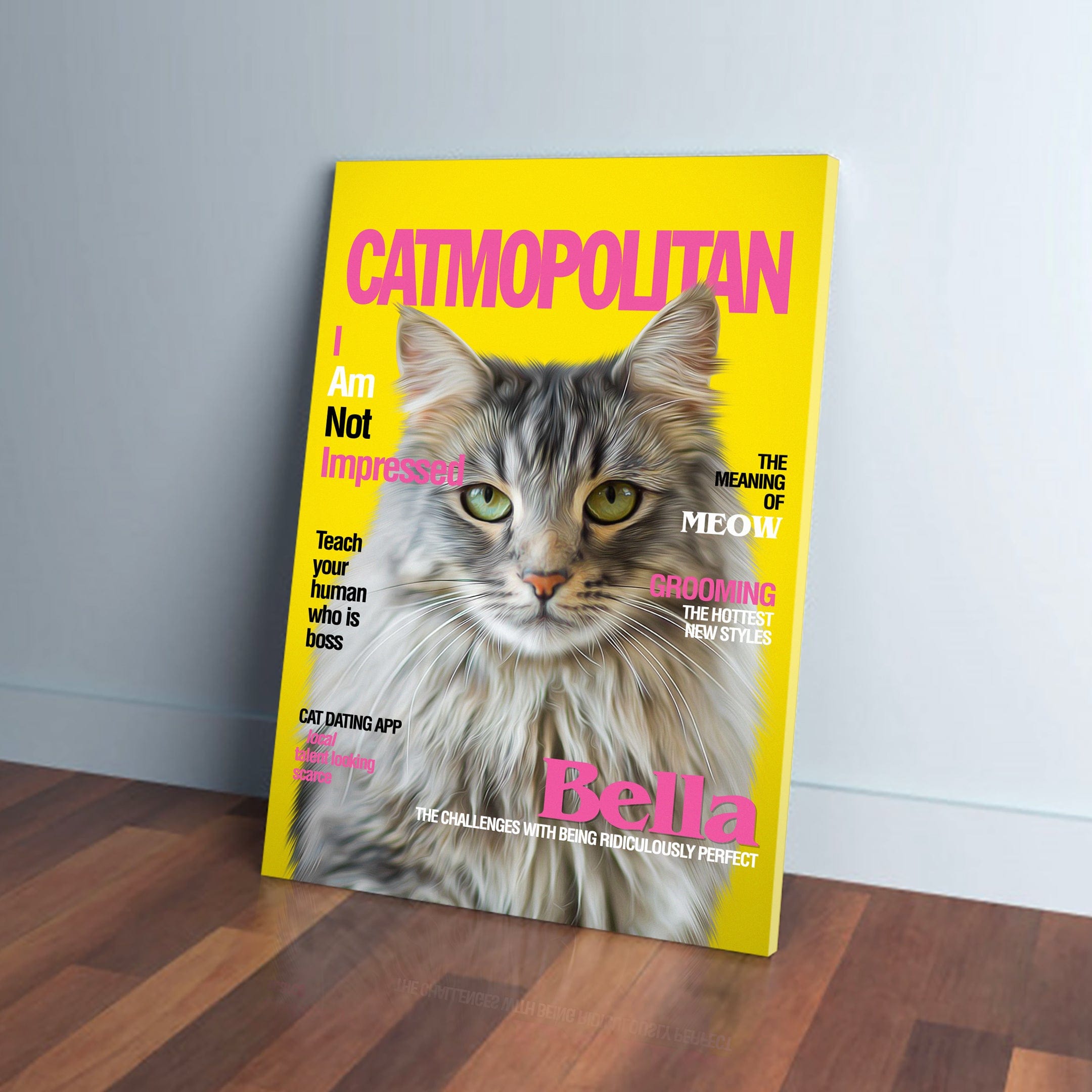 Personalized 'Catmopolitan' canvas featuring a fluffy grey cat with green eyes on a yellow background.