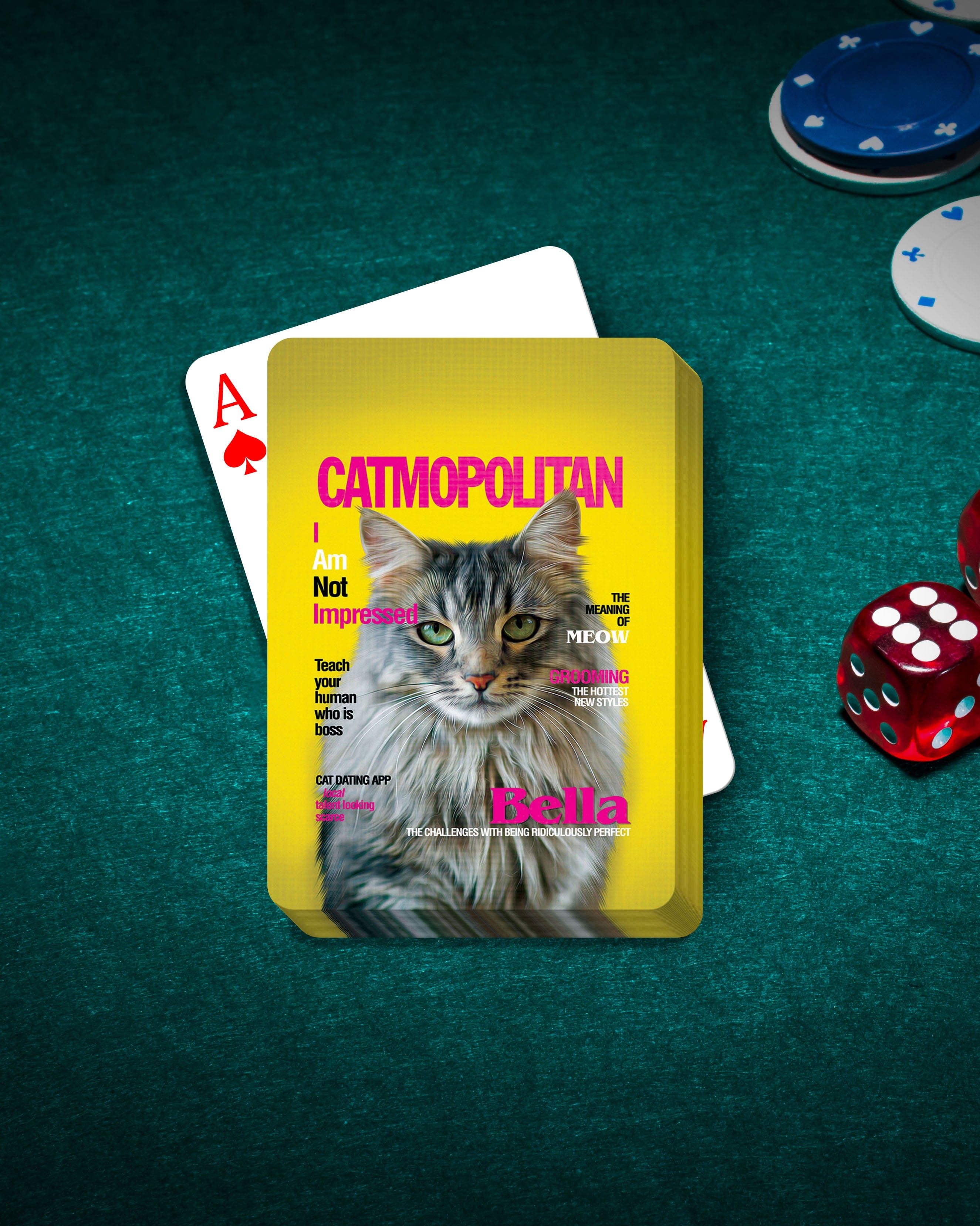 Personalized Catmopolitan playing cards featuring a custom pet portrait on a yellow magazine cover design.