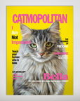 Personalized Catmopolitan poster featuring a fluffy grey cat named Bella on a vibrant yellow background.