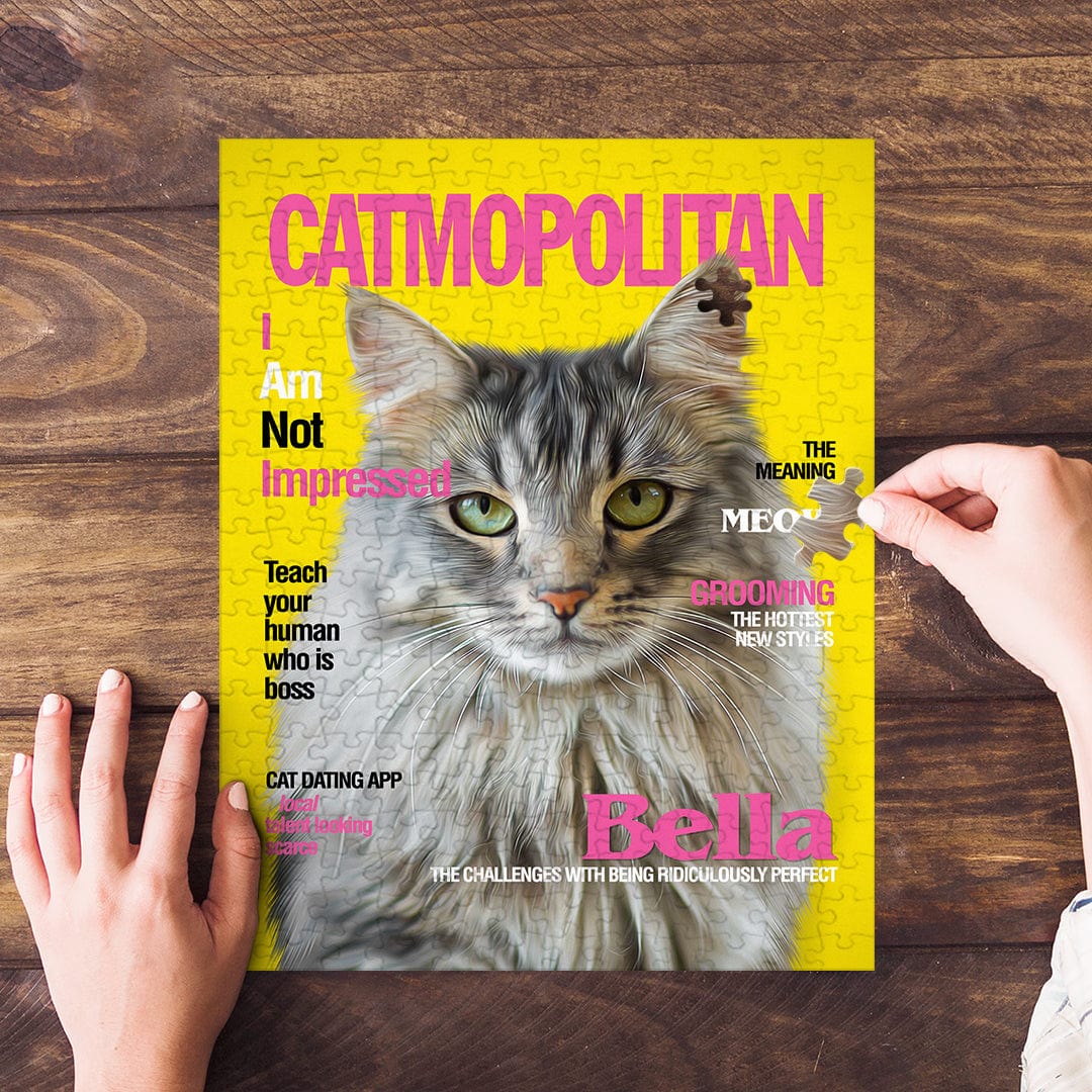 Personalized Catmopolitan pet puzzle featuring a custom cat portrait on a yellow magazine cover.