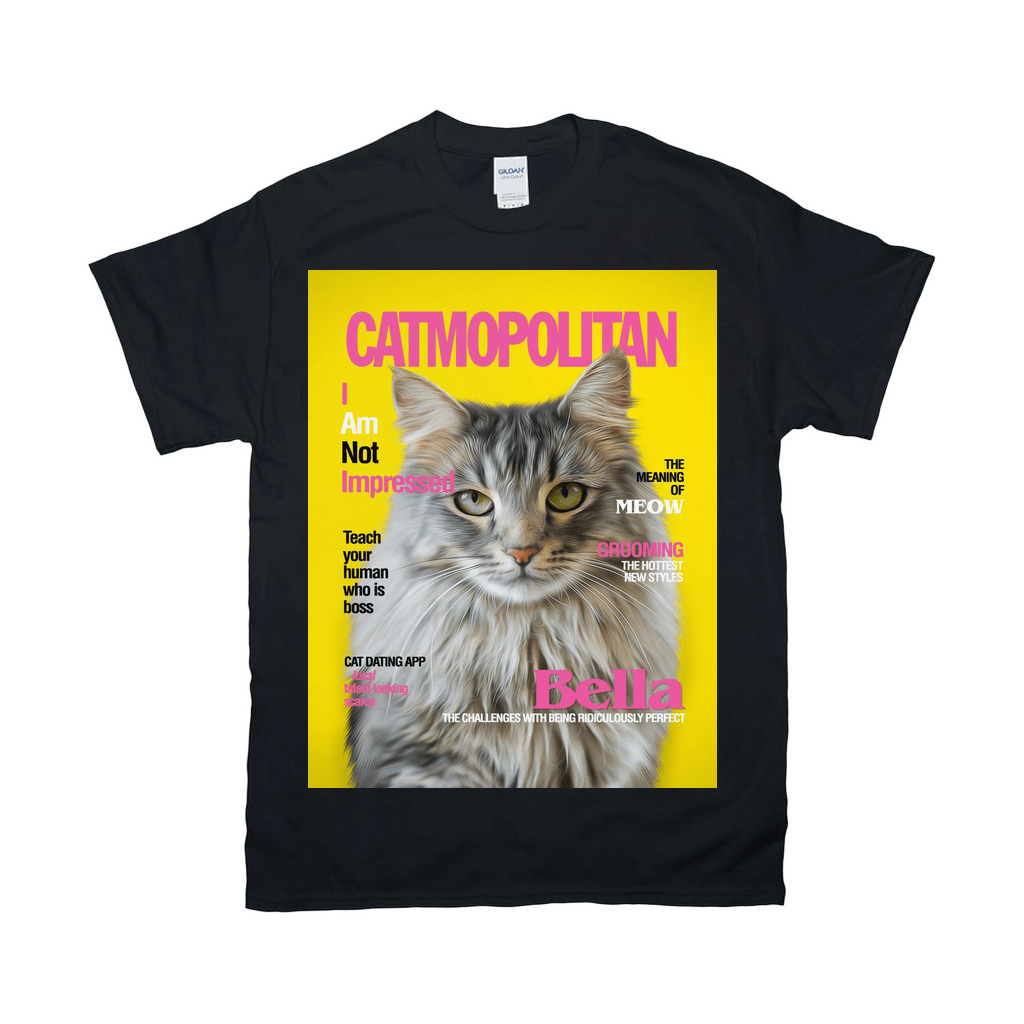 Black Gildan unisex t-shirt featuring a "Catmopolitan" magazine cover design with a fluffy cat.